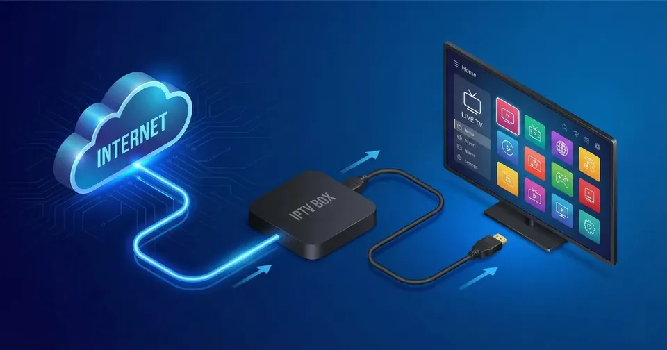Schema van IPTV België: internet, IPTV-box en televisie