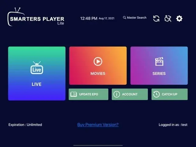 M3U vs Xtream Codes: startscherm van een IPTV-speler na het inloggen