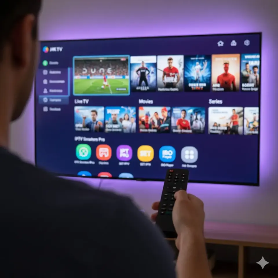 Sportmenu van een IPTV-app op een groot scherm